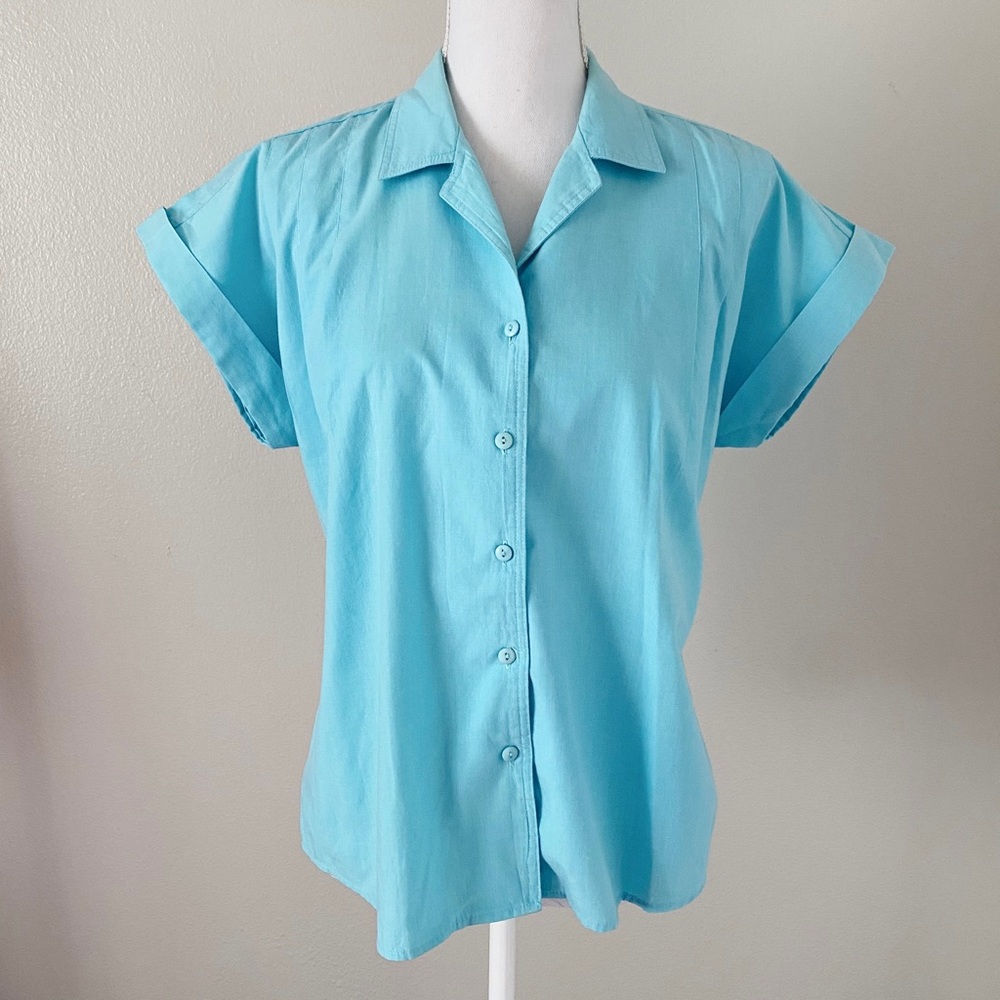 Vintage 60s 70s Blue Short Sleeve Button Down Shirt